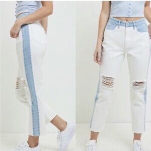Pac Sun Blue & White Mom Jean Distressed Knees